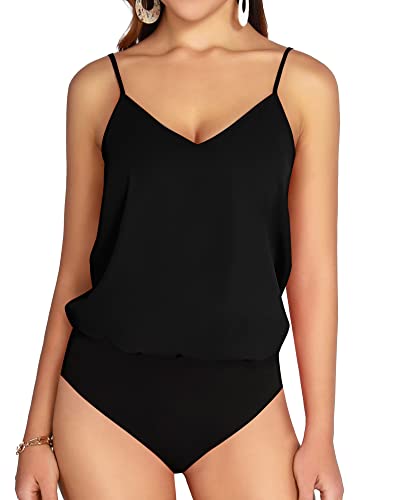 MANGOPOP Women's Bodysuit V Neck Spaghetti Strap Tank Tops Cami Backless Sleeveless Loose Fit Blouse Body Suits Sexy Casual