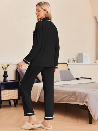 Ekouaer Pajamas Women's Long Sleeve Sleepwear Soft Button Down Loungewear Pjs Lounge Set Nightwear,Black,Medium