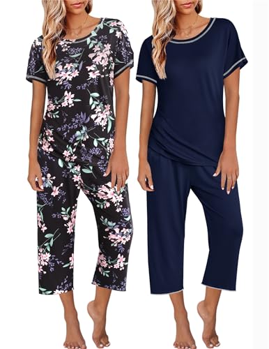 Ekouaer 2 Pack: Womens Pajamas Short Sleeve Sleepwear Tops and Capri Pants Pjs Print Pajama Sets Black Flowers Navy Blue M