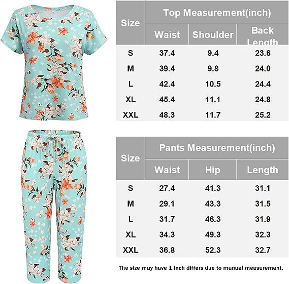 Ekouaer 2 Pack: Womens Pajamas Short Sleeve Sleepwear Tops and Capri Pants Pjs Print Pajama Sets Black Flowers Navy Blue M