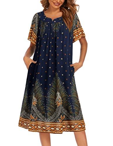 Ekouaer Womens Nightgown Short Sleeve House Dress with Pockets-Floral Print Mumu Dress Navy Feather, X-Large