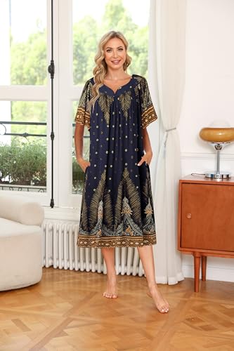 Ekouaer Womens Nightgown Short Sleeve House Dress with Pockets-Floral Print Mumu Dress Navy Feather, X-Large