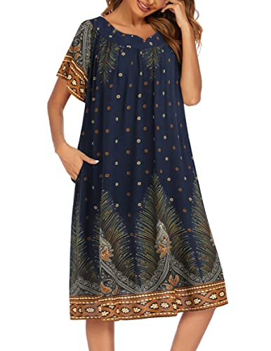 Ekouaer Womens Nightgown Short Sleeve House Dress with Pockets-Floral Print Mumu Dress Navy Feather, X-Large