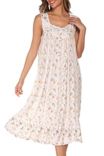 AVIIER Cotton Nightgowns for Women Sleeveless House Dress Ladies Long Nightdress with Pockets (White flowers, Large)…
