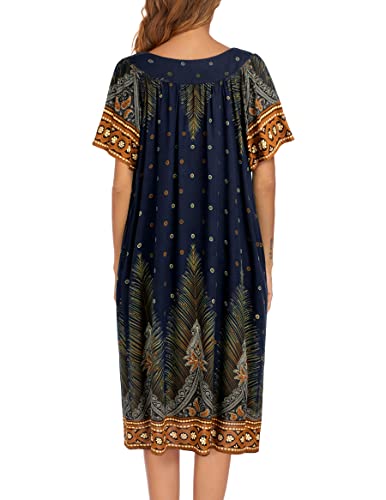 Ekouaer Womens Nightgown Short Sleeve House Dress with Pockets-Floral Print Mumu Dress Navy Feather, X-Large