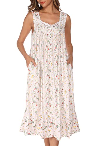 AVIIER Cotton Nightgowns for Women Sleeveless House Dress Ladies Long Nightdress with Pockets (White flowers, Large)…