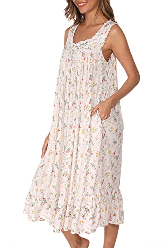 AVIIER Cotton Nightgowns for Women Sleeveless House Dress Ladies Long Nightdress with Pockets (White flowers, Large)…