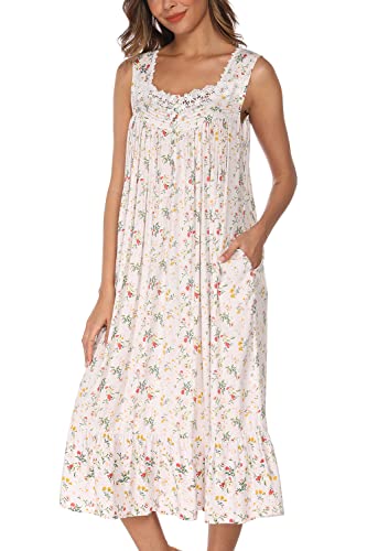AVIIER Cotton Nightgowns for Women Sleeveless House Dress Ladies Long Nightdress with Pockets (White flowers, Large)…