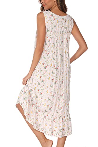 AVIIER Cotton Nightgowns for Women Sleeveless House Dress Ladies Long Nightdress with Pockets (White flowers, Large)…