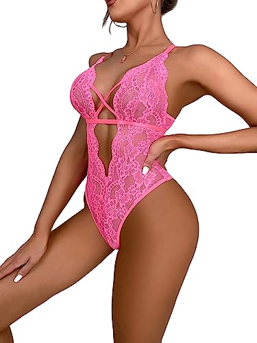 Floral Lace Criss Cross Deep V Neck Teddy