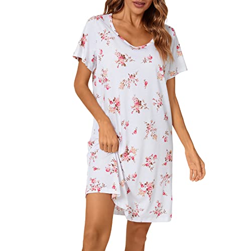 Tugege Women's Nightgown Short Sleeve Sleepshirts House Dress Sleepwear Casual Print Pajama (White Floral, XXX-Large)