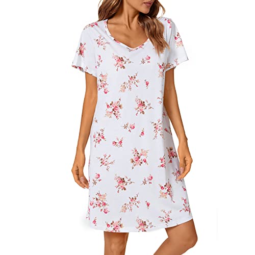 Tugege Women's Nightgown Short Sleeve Sleepshirts House Dress Sleepwear Casual Print Pajama (White Floral, XXX-Large)