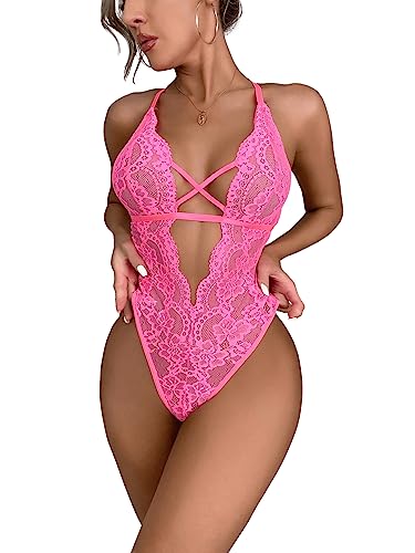 Floral Lace Criss Cross Deep V Neck Teddy