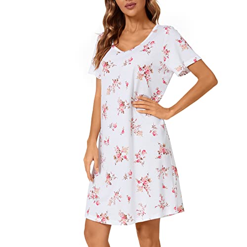 Tugege Women's Nightgown Short Sleeve Sleepshirts House Dress Sleepwear Casual Print Pajama (White Floral, XXX-Large)