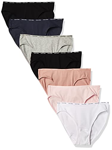 Calvin Klein Women's Signature Cotton Logo Stretch Bikini Panties, 7-Pack, Black/Honey Almond/Nymph's Thigh/Speakeasy/White/Grey Heather, Large