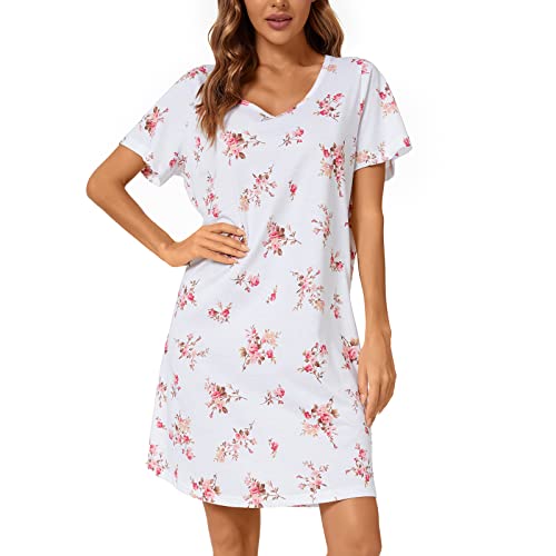 Tugege Women's Nightgown Short Sleeve Sleepshirts House Dress Sleepwear Casual Print Pajama (White Floral, XXX-Large)