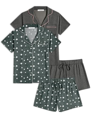 Ekouaer 2 Pack Womens Pajamas Set Button Down Summer Sleepwear Short Sleeve Comfy Pjs Loungewear Set(GP4,M)