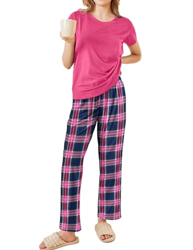 Ekouaer Women's Pajamas 2 Piece Pajama Sets Soft Short Sleeve Sleepwear Ladies Lounge Sets Black-Pink Plaid Small
