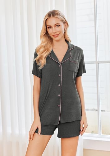 Ekouaer 2 Pack Womens Pajamas Set Button Down Summer Sleepwear Short Sleeve Comfy Pjs Loungewear Set(GP4,M)