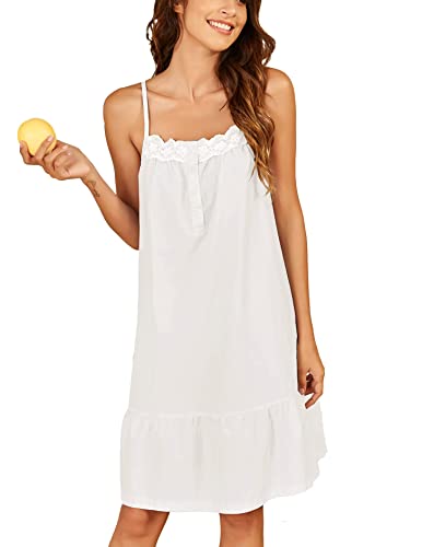 Ekouaer Women's 100% Cotton Lace Nightgown Sleeveless Sleep Dress Victorian Sleepshirt Button Strap Gown Candy White Large