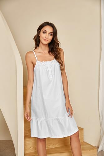 Ekouaer Women's 100% Cotton Lace Nightgown Sleeveless Sleep Dress Victorian Sleepshirt Button Strap Gown Candy White Large