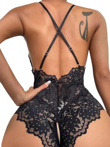 SOLY HUX Floral Lace Criss Cross Teddy Black