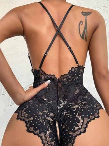 SOLY HUX Floral Lace Criss Cross Teddy Black