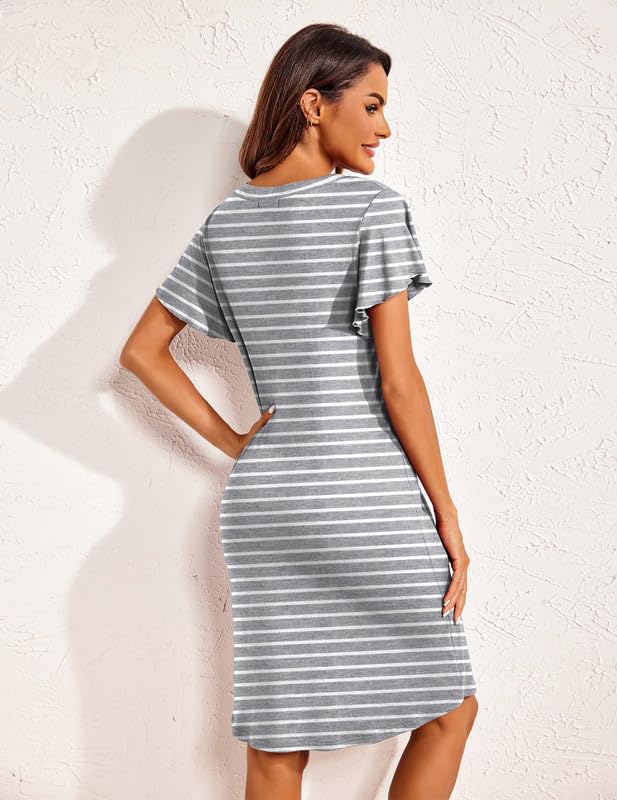 Ekouaer Women's Nightgown Short Flare Sleeve Sleepshirt V-Neck Sleepwear Soft Nightshirt Pajama Dress Stripe Print XL