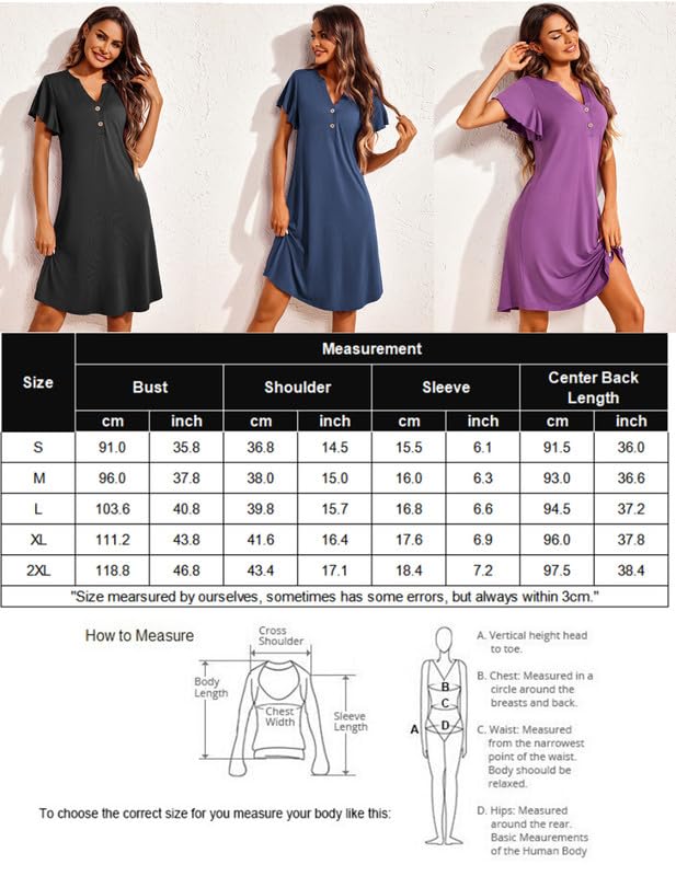 Ekouaer Women's Nightgown Short Flare Sleeve Sleepshirt V-Neck Sleepwear Soft Nightshirt Pajama Dress Stripe Print XL