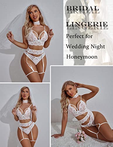 White Wedding Lingerie Set with Garters for Bride