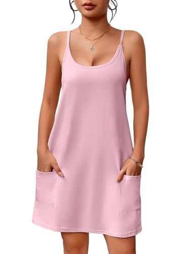 Ekouaer Nightgowns for Women Cotton Sleepwear Adjustable Spaghetti Strap Sleepshirt Racerback Sleep Dress with Pockets Dark Pink M