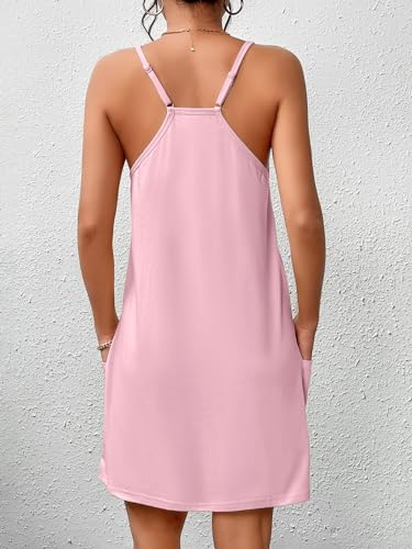 Ekouaer Nightgowns for Women Cotton Sleepwear Adjustable Spaghetti Strap Sleepshirt Racerback Sleep Dress with Pockets Dark Pink M