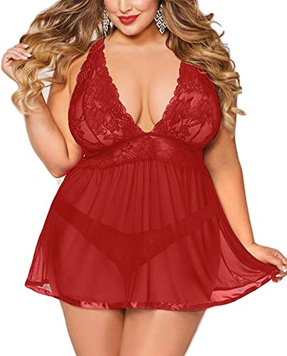 TGD Lace V Neck Babydoll Set (Red, XXXXL)