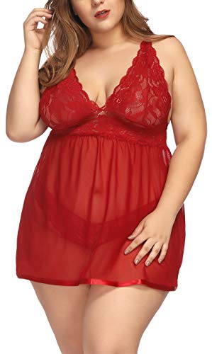 TGD Lace V Neck Babydoll Set (Red, XXXXL)