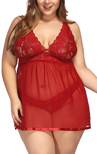TGD Lace V Neck Babydoll Set (Red, XXXXL)