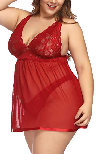 TGD Lace V Neck Babydoll Set (Red, XXXXL)