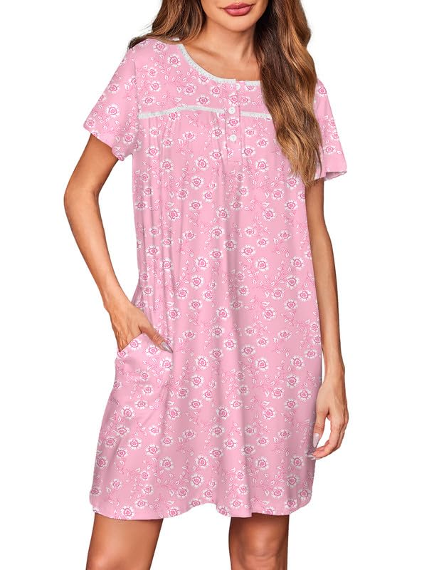 Ekouaer Women Nightgowns Short Sleeve Sleepwear Soft Pajama Dress Sleep Shirt Nightshirt Pink Print M