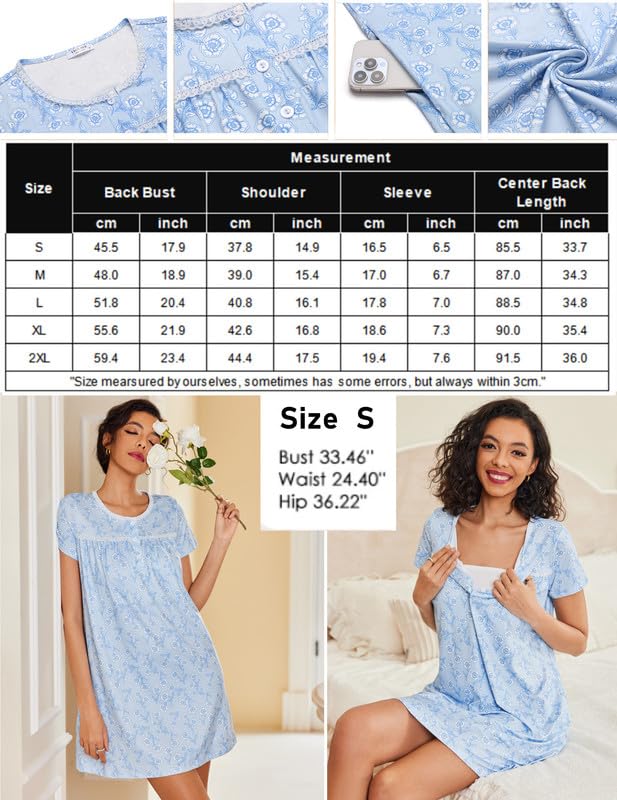 Ekouaer Women Nightgowns Short Sleeve Sleepwear Soft Pajama Dress Sleep Shirt Nightshirt Pink Print M