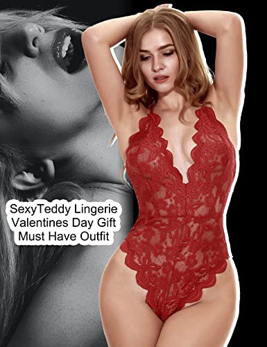 Red lace teddy lingerie bodysuit, size X-Large