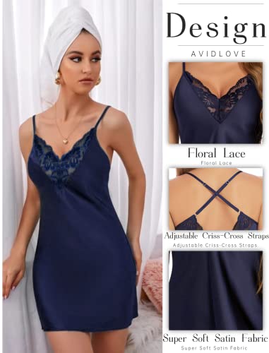Avidlove Satin Chemise Sexy Lingerie Nightgown in Navy