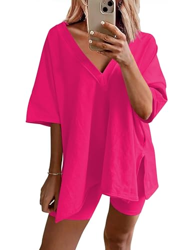 Ekouaer Womens Pajamas 2 Piece Lounge Sets Oversized V Neck T-Shirts Tops Biker Shorts Set Workout Reversible Tracksuit Rose Red, Large