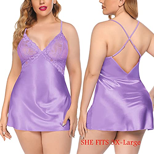 Violet Satin Nightdress with Deep V Neck, Spaghetti Strap