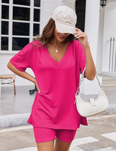 Ekouaer Womens Pajamas 2 Piece Lounge Sets Oversized V Neck T-Shirts Tops Biker Shorts Set Workout Reversible Tracksuit Rose Red, Large
