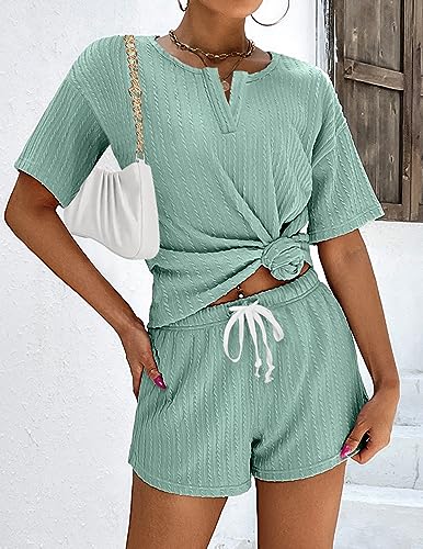 Ekouaer Ribbed Knit Lounge Sets for Women 2 Piece Outfits Short Sleeve Top and Shorts Pajama Sets Tracksuit Sweatsuits Green