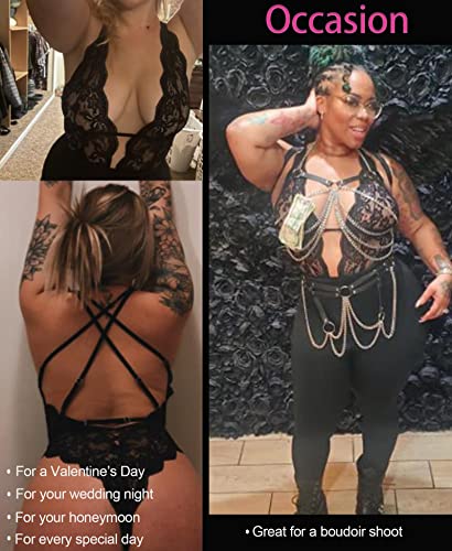 Aranmei Black Floral Lace Deep V Teddy Lingerie