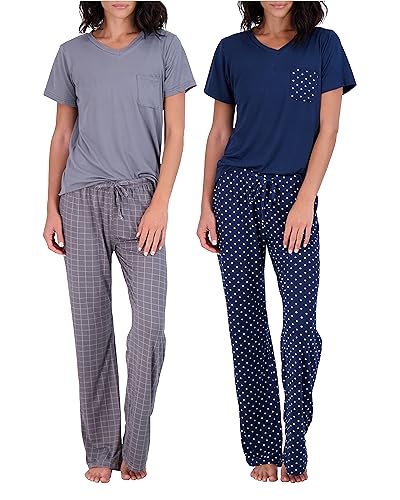 Real Essentials Women’s Pajama Sets V-Neck Ladies Soft Winter Fall Comfy Fashion Sleepwear Lightweight Pajamas Clothes Loungewear Pijama Mujer Tops Pants Bottoms Fall Warm Silky Pj Sets for Women
