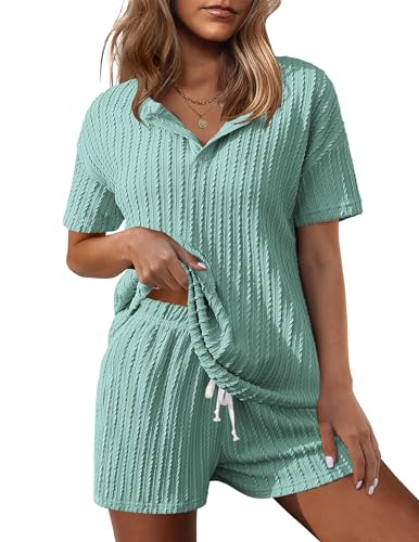 Ekouaer Ribbed Knit Lounge Sets for Women 2 Piece Outfits Short Sleeve Top and Shorts Pajama Sets Tracksuit Sweatsuits Green