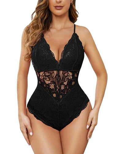 Aranmei Lace Deep V One Piece Teddy
