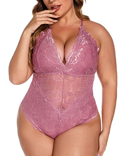 Aranmei Sexy Plus Size Teddy Lingerie,Snap Crotch Lace Bodysuit,Deep V One Piece Lingerie for Women 1X-4X,Pink XL