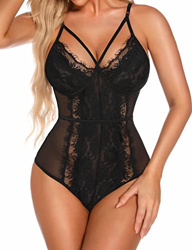 Aranmei Lingerie for Women Sexy Eyelash Lace bodysuit Snap Crotch Teddy Lingerie